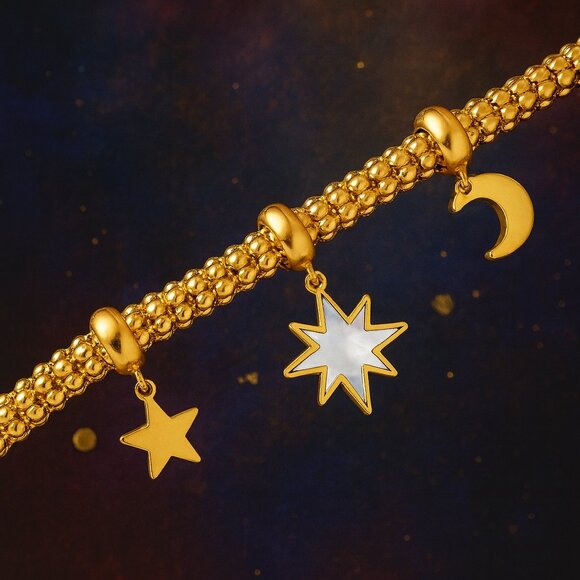🆕️ Celestial 18K Gold Plated Charm Bracelet with Moon & Star  Pendants 🌙✨ - Picture 4 of 9